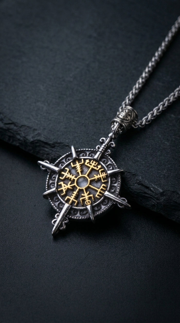 Medallón Vegvisir Espadas — Los Cuatro Guardianes del Norte