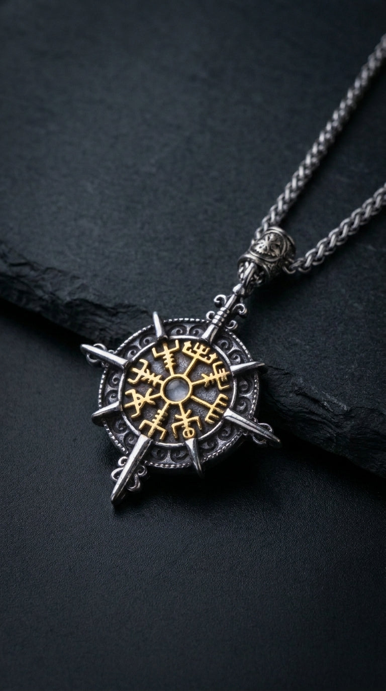 Medallón Vegvisir Espadas — Los Cuatro Guardianes del Norte